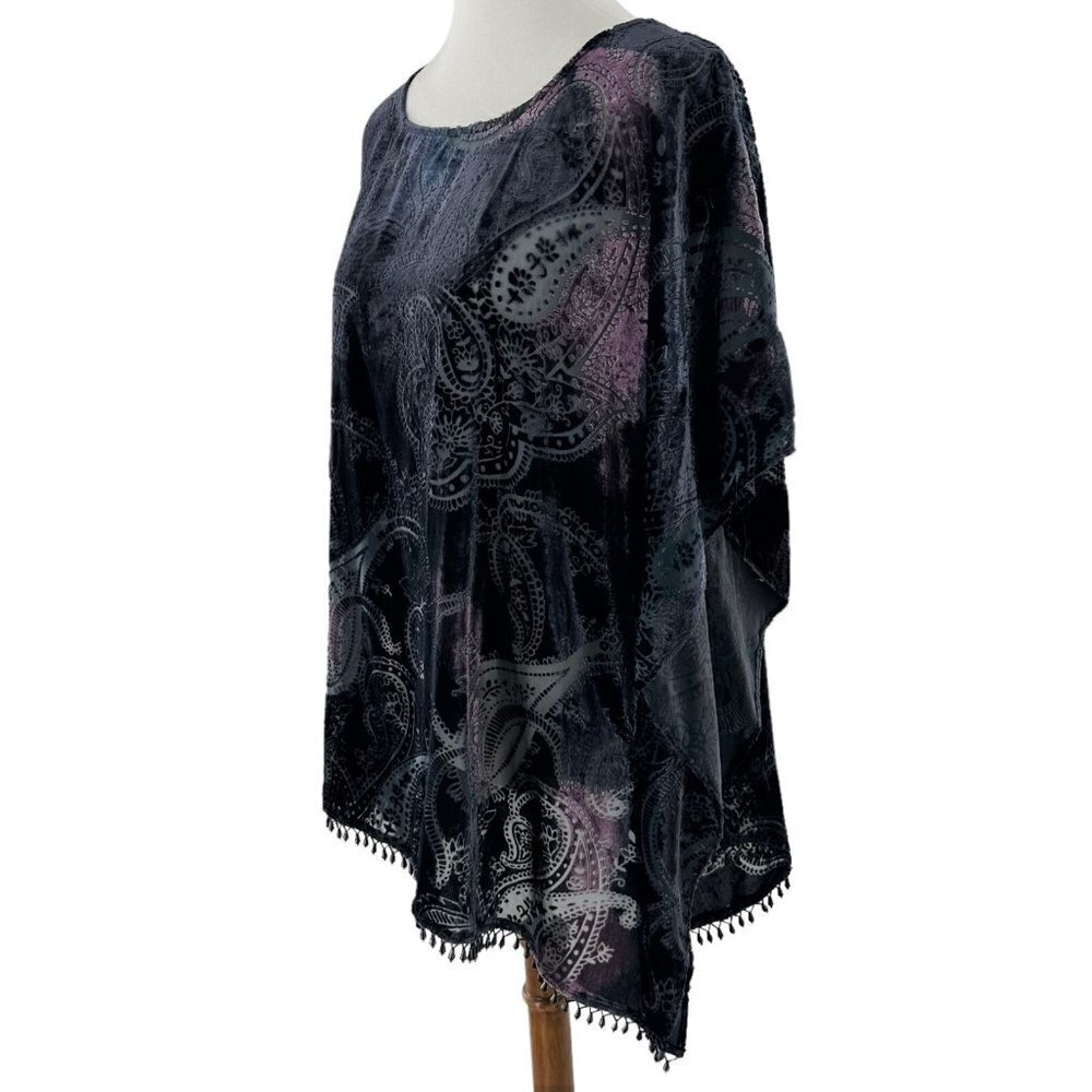 NEW/NWT Chicos Paisley Eggplant Purple Beaded Velvet Burnout Poncho Size S/M